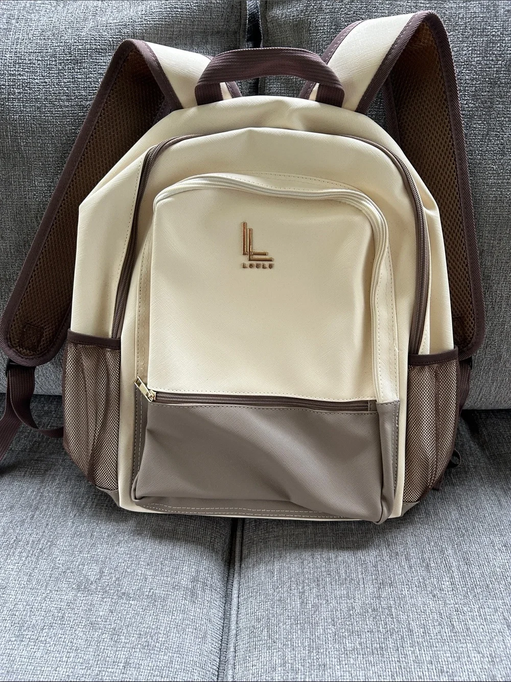 NWOT Loulu Cream & Brown Two-Tone Backpack with Front Pockets and Laptop Pocket